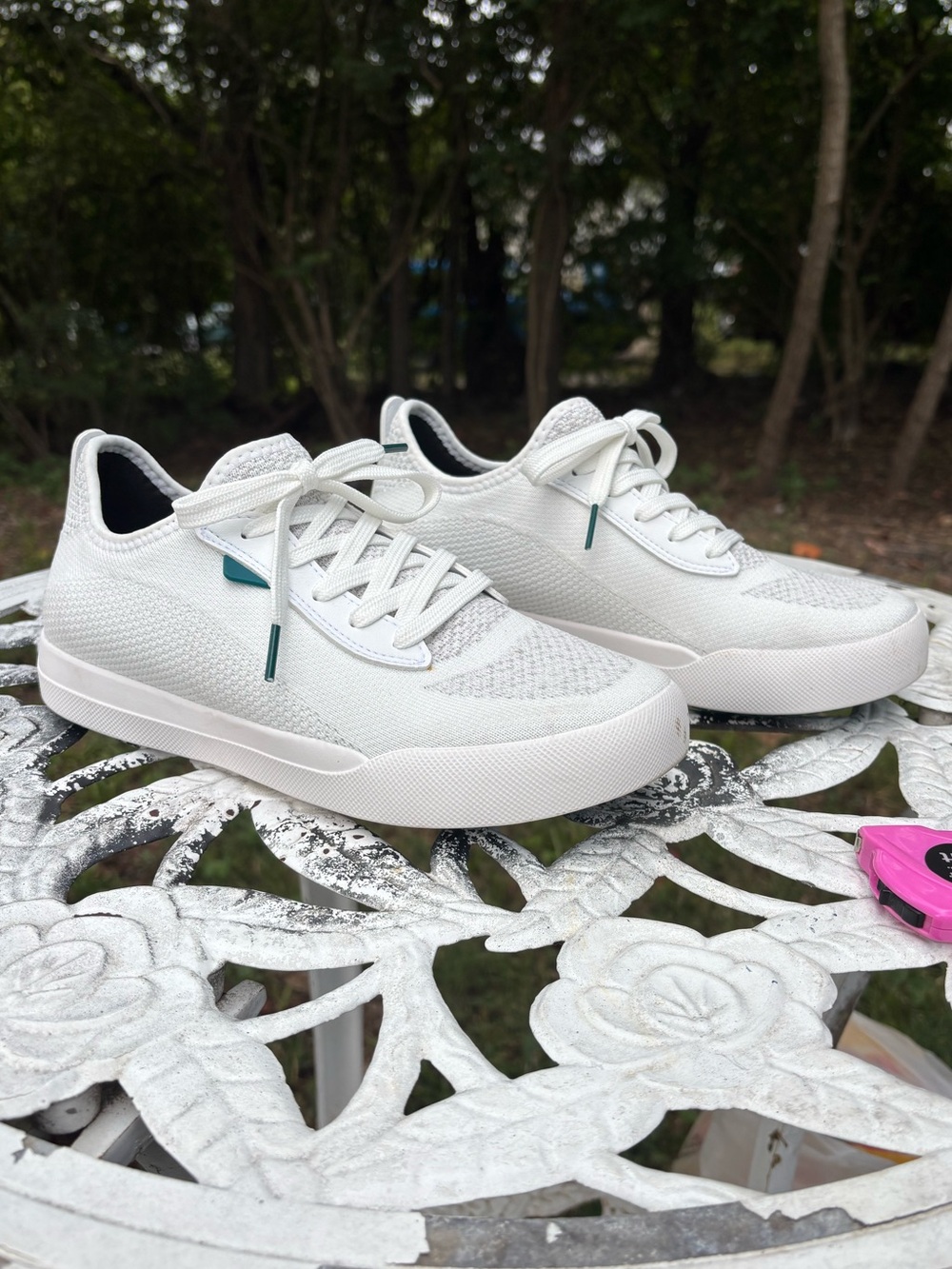 Vessi Weekend Waterproof White Knit Sneakers w/ Teal Accents - Women's 8